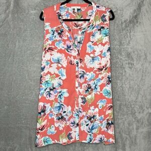 Spense 2X Shirt Top Coral Pink Floral Flower Sleeveless V Neck Button Up Tunic
